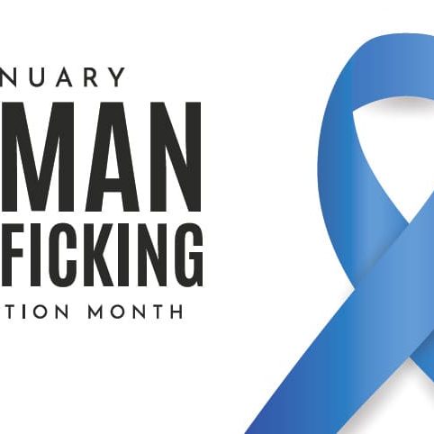 Graphic with text January Human Trafficking Prevention Month alongside a blue ribbon, accompanied by a Director’s Note highlighting the importance of awareness and action.